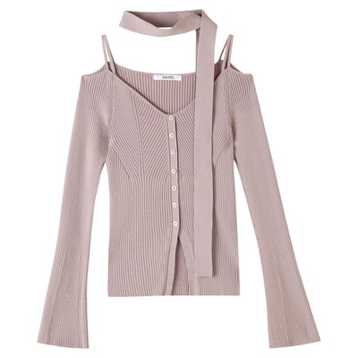 SNIDEL2025秋冬新品领带吊带露肩V领长袖罗纹针织衫SWNT254302