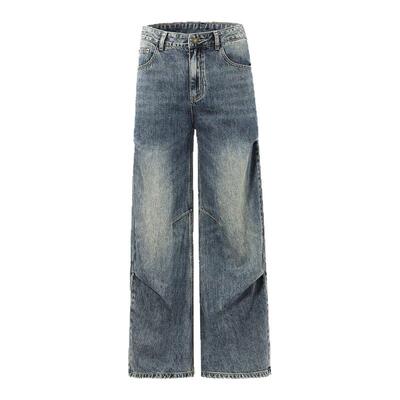 98SQUID 美式复古解构设计感牛仔裤男女宽松褶皱阔腿百搭拖地长裤