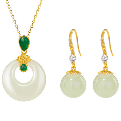 和田玉耳环项链套装999纯银耳饰