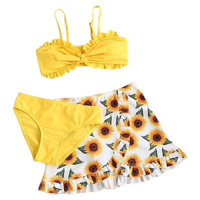 Swimsuit欧美外贸泳衣儿童bikini向日葵黄色三件套泳装女孩比基尼