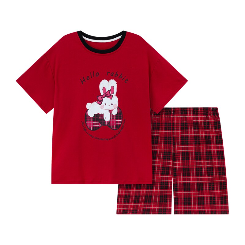 女款夏季短袖纯棉红色大码家居服