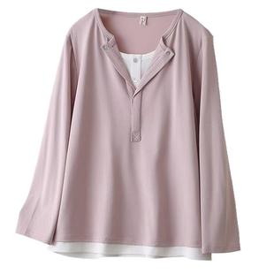 宛宛大码女装设计感假两件宽松长袖T恤秋季胖mm显瘦上衣打底衫女