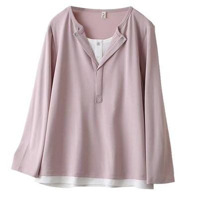 宛宛大码女装设计感假两件宽松长袖T恤秋季胖mm显瘦上衣打底衫女