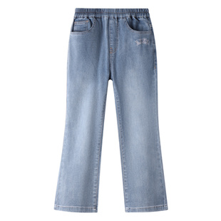 安奈儿童装女童牛仔单裤2025春新款微喇长裤弹力浅蓝色修身裤子