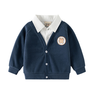 学院风儿童柔软开衫男女童假两件外套春秋款中小童POLO衫百搭纯色