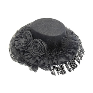 原创万圣节暗黑风寡妇帽仿毛呢蕾丝花朵流苏珍珠面纱礼帽秋冬帽子