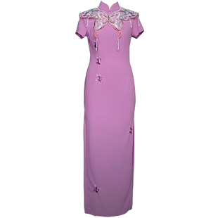 舞姿翼形体走秀训练礼仪服中国风古典紫色绣花云肩改良短袖旗袍裙