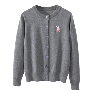 春节开衫100%棉灰色长袖圆领针织开衫女早春薄款针织衫外套不起球