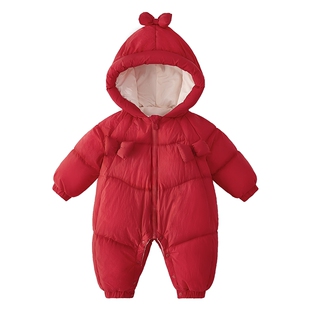 女童羽绒服冬婴儿女宝鸭绒拜年服连帽2026新款红色婴童衣服连体衣