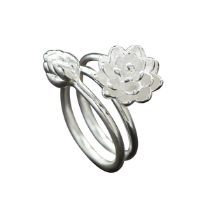 999纯银戒指女款韩版民族风莲花中指食指环时尚双环开口手工银饰