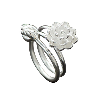 民族风莲花时尚双环手工银饰戒指
