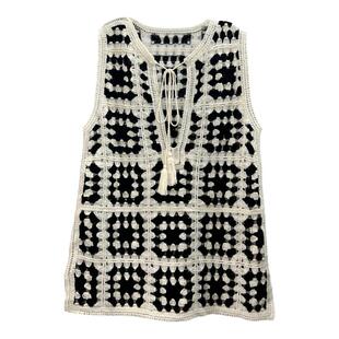 日系文艺复古镂空马甲百搭中长款套头撞色流苏绑绳黑白格上衣背心