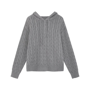 alex stevens灰色连帽针织衫女春秋季慵懒风麻花毛衣宽松套头上衣