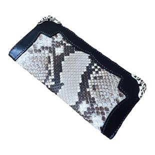 渡鸦&金造联名款枥木拼接蟒蛇皮长款钱包手工925银饰包边2折钱夹