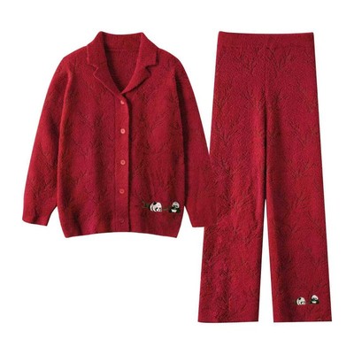 猫人半边绒红色睡衣结婚新婚情侣套装秋冬季加绒男大码宽松家居服
