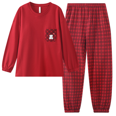 新款纯棉长袖加厚红色睡衣