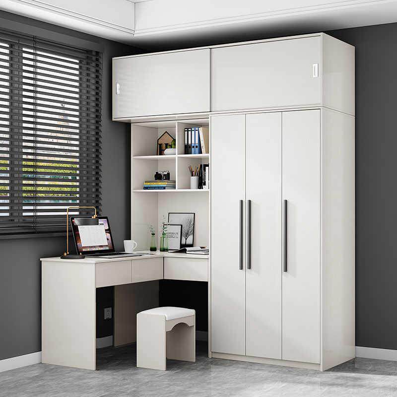 现代简约白色家用卧室L型转角电脑桌衣柜小户型连体书桌柜写字台