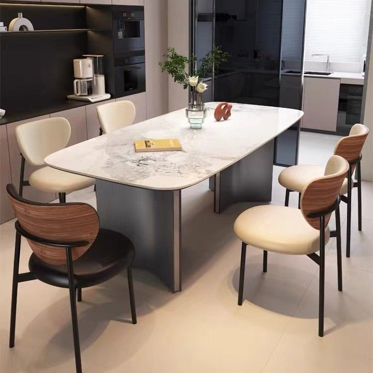 意式岩板餐桌简约奢饭桌极家用全托底板轻长方形复古简小户型现代