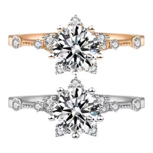 18K玫瑰金进口莫桑石玫瑰花朵戒指1克拉复古蕾丝微镶五角星钻戒女