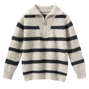 儿童条纹100%纯山羊绒衫针织毛线衣秋冬花纱高翻领半拉链男童毛衣