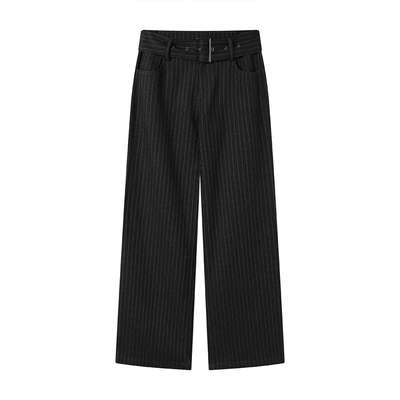 AXIA【送腰带】微宽松高腰灰色直筒西装裤女竖条纹设计感休闲裤