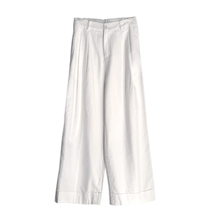 百搭白裤子法式高腰卷边压褶阔腿裤女小众设计感高腰直筒长裤子夏