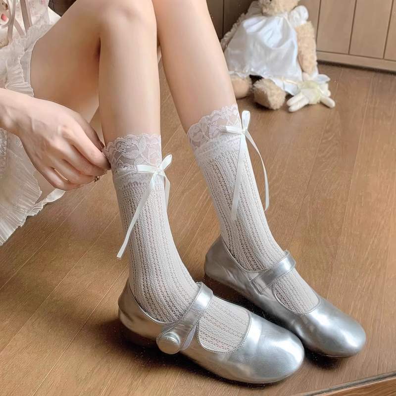 小香风白色蕾丝花边蝴蝶结短袜子女芭蕾风丝带中筒堆堆网袜设计感