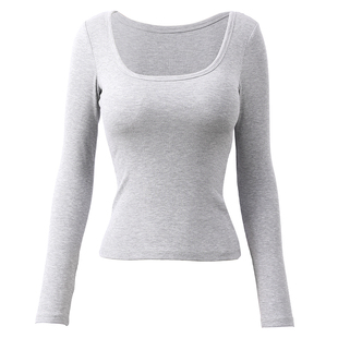DCW带胸垫普拉提健身瑜伽上衣女方领修身显瘦运动训练长袖打底衫