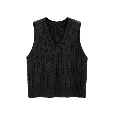 灰色麻花v领无袖针织马甲女秋冬