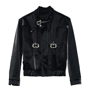 VE2 秀场限定高级鳄鱼纹PU皮拼接皮草立领夹克外套男艺演廓形上衣