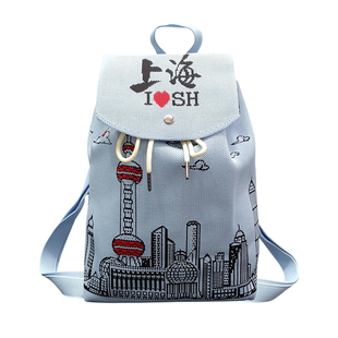 新款针织双肩背包机绣上海东方明珠城市地标建筑学生书包旅行背包