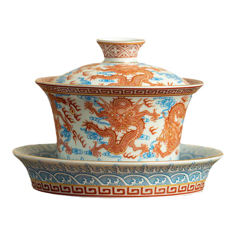 仿古泥龙纹马蹄盖碗功夫茶具