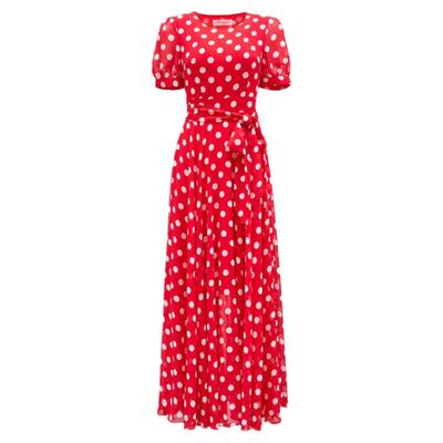 夏季时尚波点雪纺长款大摆连衣裙