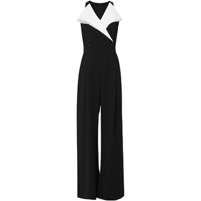 2025夏季新款时尚气质通勤翻领收腰修身黑白撞色无袖阔腿连体裤