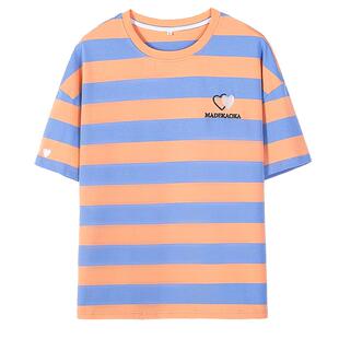 初中生条纹半袖t恤少女半袖夏季潮流新款ins宽松圆领短袖上衣学生