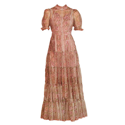 大码印花长裙复古收腰洋气连衣裙