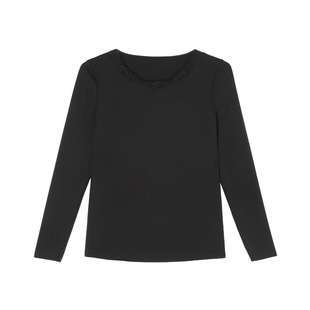 安莉芳加厚秋冬打底衫蕾丝圆领秋衣女长袖可外穿内搭黑色保暖上衣