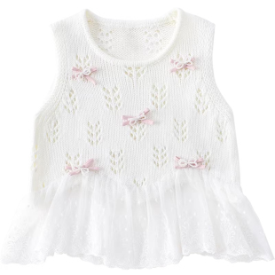 米米哈罗女童春装上衣2026新款超洋气儿童镂空针织马甲衬衫两件套