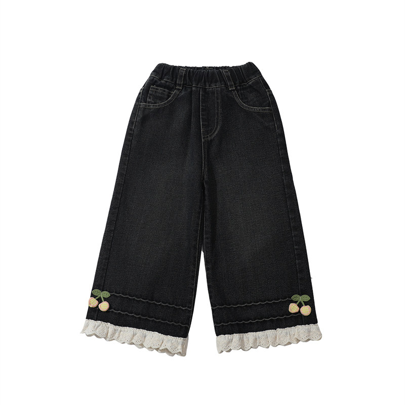 韩系甜美风花边牛仔直筒裤新品
