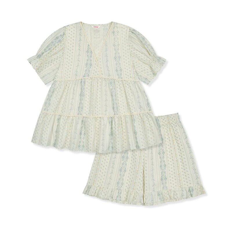 Ullala乌拉拉韩国进口田园少女印花V领短袖短裤女家居服25144