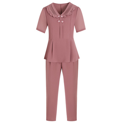 妈妈装夏装时尚短袖两件套盘扣女