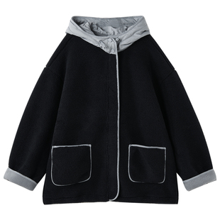 女大童连帽毛绒外套2025冬装新款青少年加绒保暖开衫学生拼色棉衣