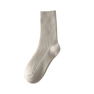 暖冬加厚羊毛日系奶油色抽条袜子秋冬纯色韩保暖中筒复古堆堆袜女