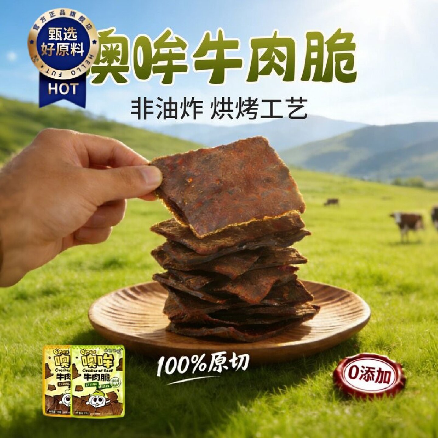 Omou噢哞牛肉脆非油炸原切牛肉薄脆片花椒芥末牛肉干休闲解馋零食
