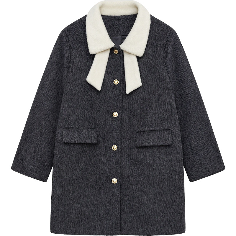 DM100大码百分百女装微胖mm冬季甜美撞色娃娃领A版中长款毛呢外套