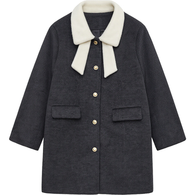 DM100大码百分百女装微胖mm冬季甜美撞色娃娃领A版中长款毛呢外套