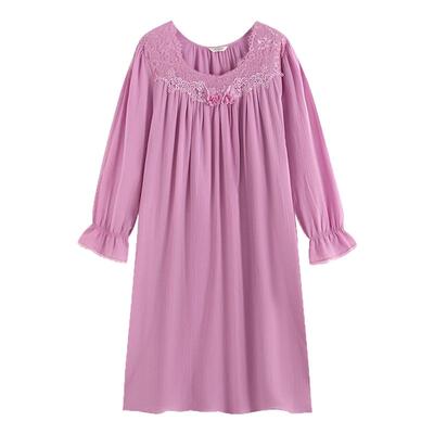 罗丝美纯棉提花邹布春夏长袖睡裙