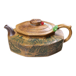 宜兴紫砂壶原矿龙骨金砂高温柴烧手工观山满刻华亭泡茶壶250毫升