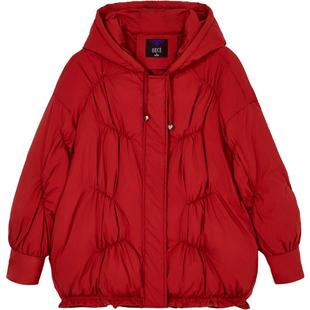 Oece红色羽绒服冬新款女连帽宽松羽绒衣短款外套