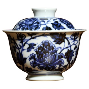 王步画派史来钟小桥窑主人杯盖碗手绘仿元青花缠枝牡丹壶承茶具
